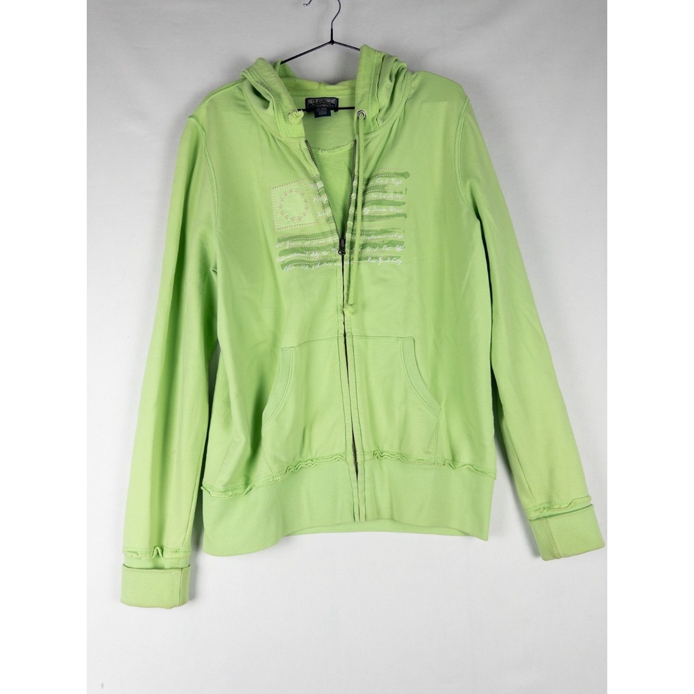VTG Polo Jeans Full Zip Hoodie Womens XL Green‎ USA Flag Drawstring